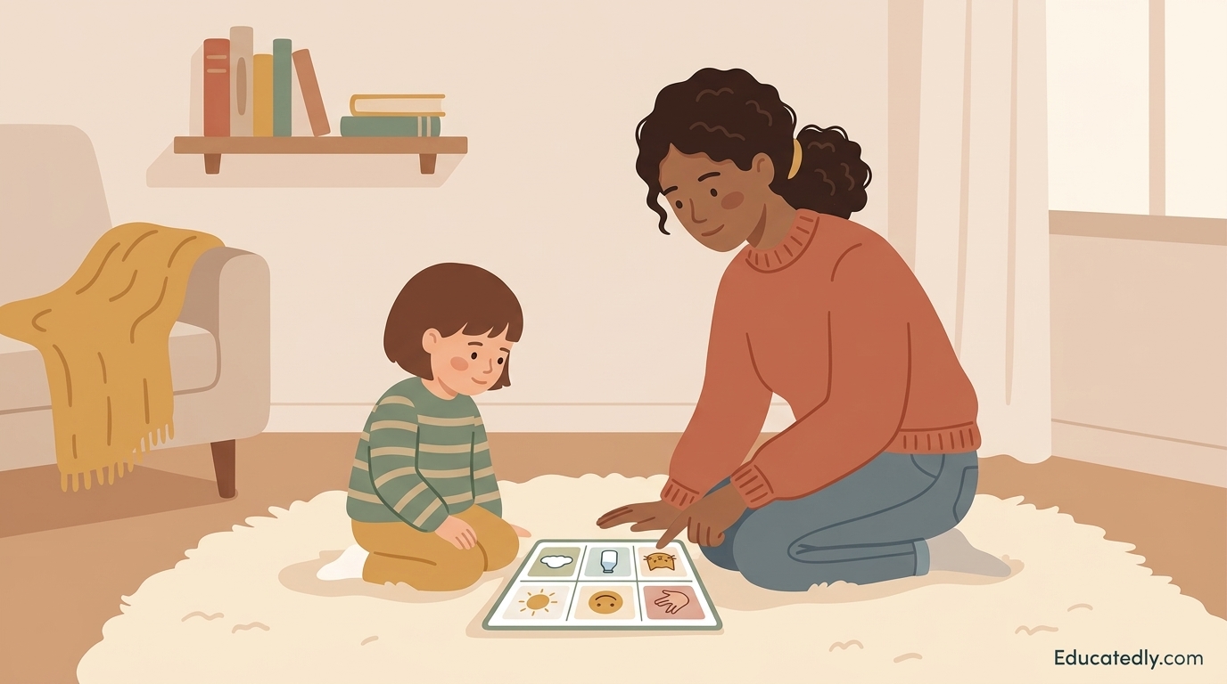 Caregiver and toddler looking together at a simple AAC picture board