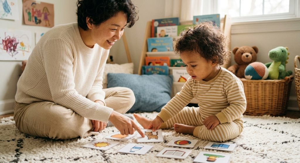 Toddler with autism handing a picture card to an adult to communicate