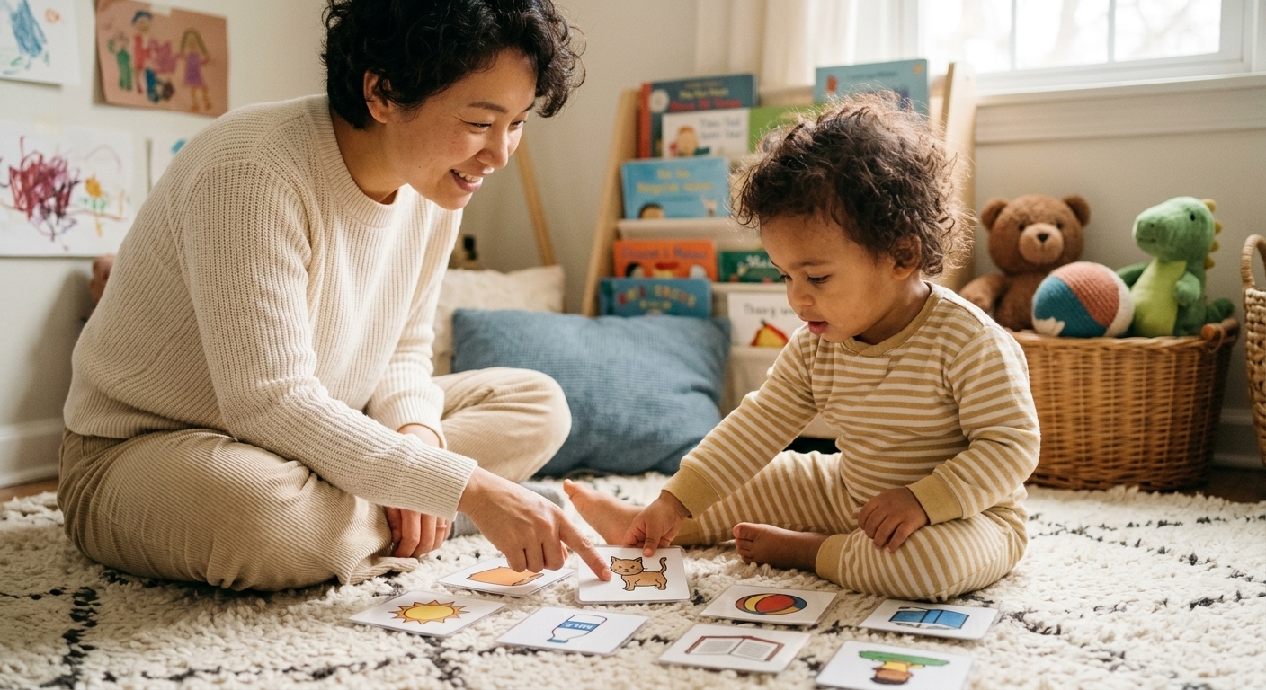 Toddler with autism handing a picture card to an adult to communicate