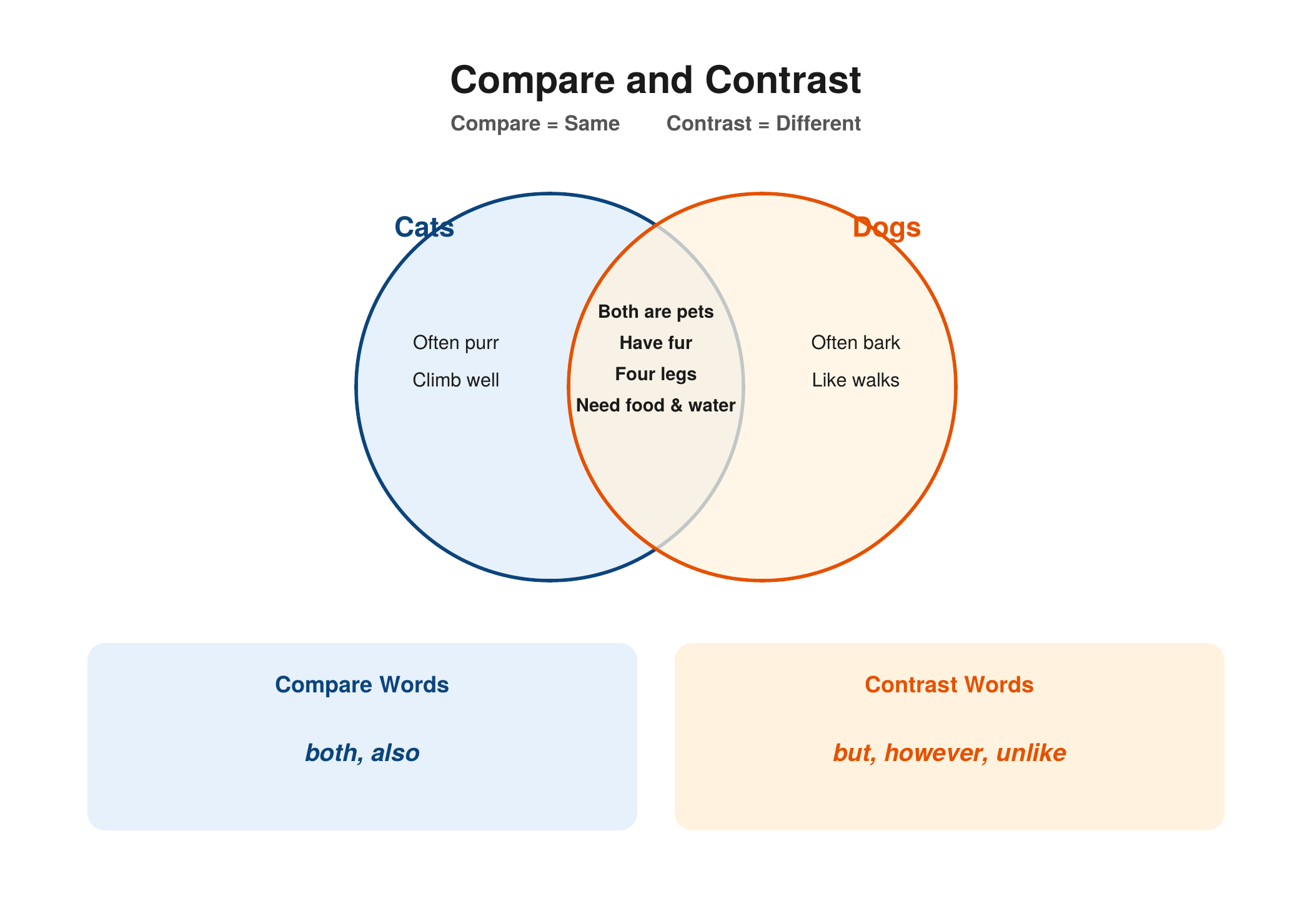 A Venn diagram comparing cats and dogs — the overlapping middle shows they are both pets, have fur, four legs, and need food and water, while the left circle shows cats often purr and climb well, and the right circle shows dogs often bark and like walks, with compare words both and also, and contrast words but, however, and unlike