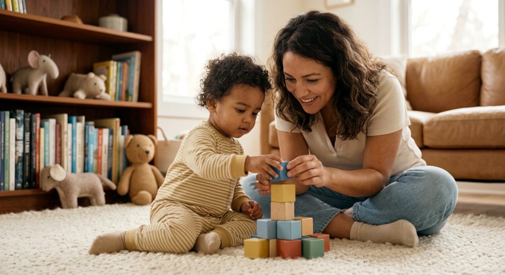 Adult joining a toddler with autism in play by following the child's focus on stacking blocks