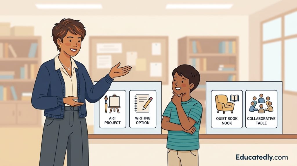 Teacher offering a student two classroom activity choices, illustrating a strategy for preventing power struggles