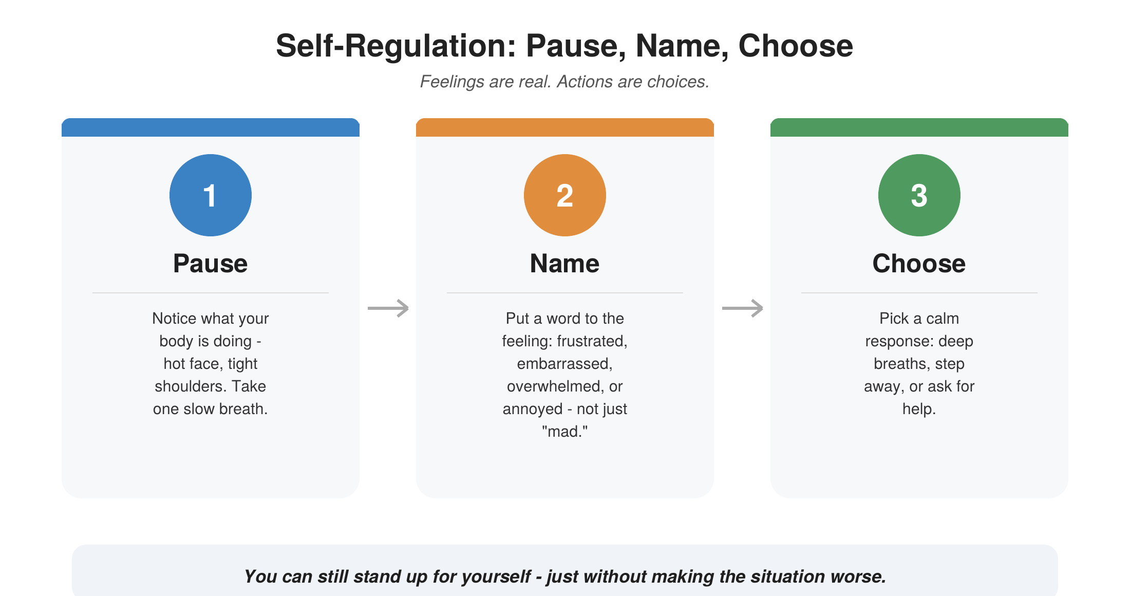 Three-step self-regulation flow: Pause (notice body signals), Name (identify the specific emotion), and Choose (pick a calm response), connected by arrows.