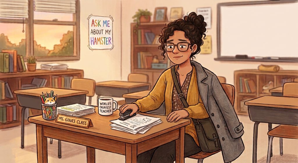 Ms. Gina sitting at her desk on Friday afternoon, coat half-on and bag over her shoulder, holding a World's Okayest Teacher mug.