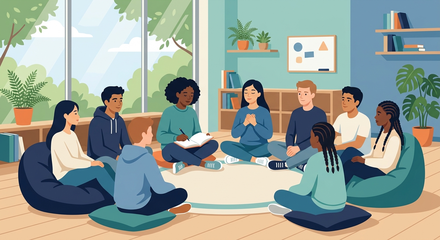 High school students in a relaxed advisory circle practicing a self-awareness check-in