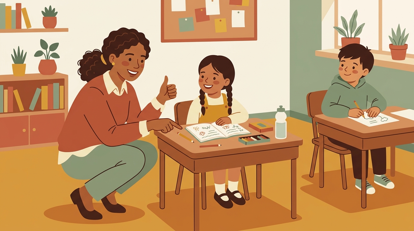 Teacher giving a student specific, encouraging praise for their work in the classroom