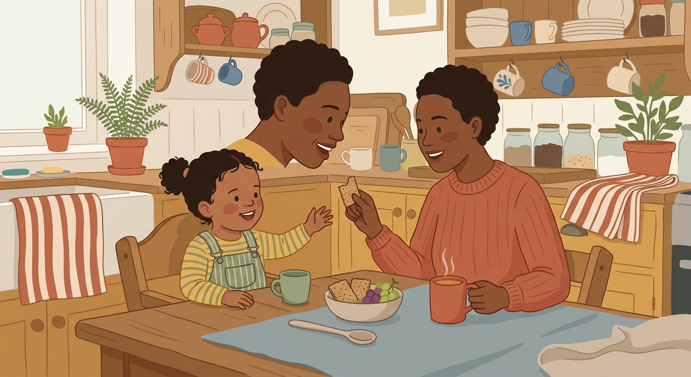 Adult and toddler with autism building language during snack time at the kitchen table