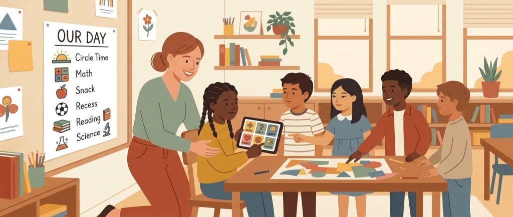 Teacher encouraging a diverse group of students, including a student using an AAC device, during a lesson