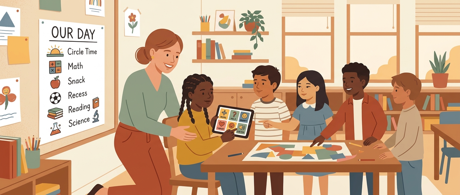 Teacher encouraging a diverse group of students, including a student using an AAC device, during a lesson