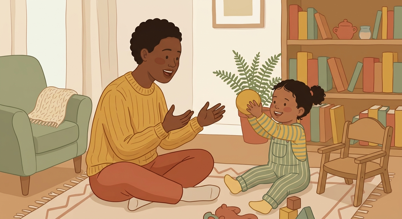 Adult warmly modeling a word back to a toddler with autism playing with a ball