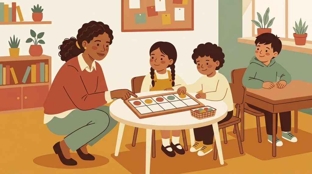 Teacher helping students build number sense using a ten-frame at a small group table
