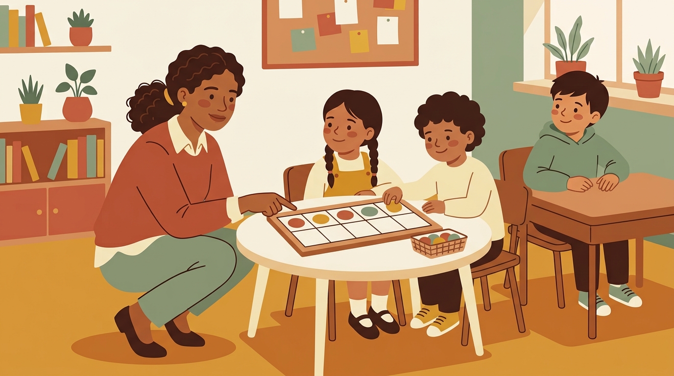 Teacher helping students build number sense using a ten-frame at a small group table