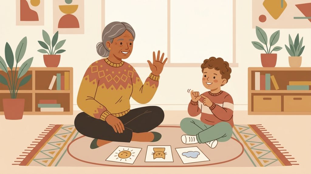 Teacher and student practicing phonemic awareness through an oral sound-tapping activity