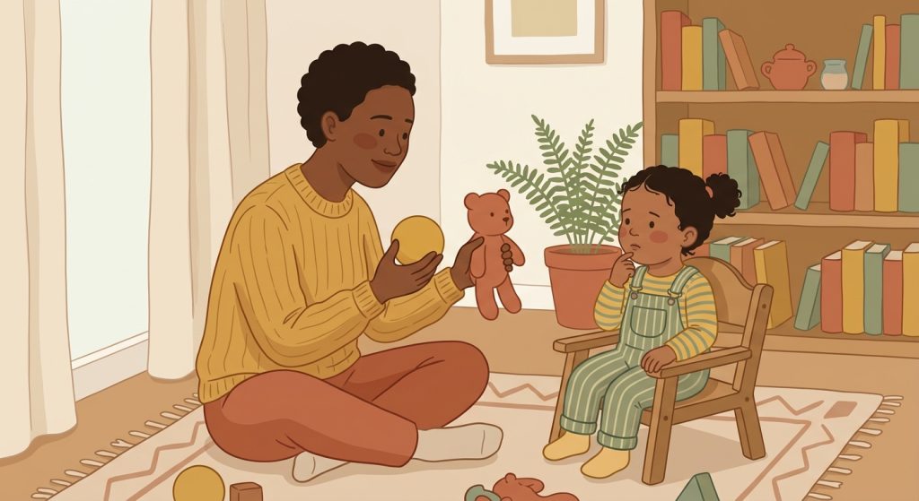 Adult patiently waiting for a toddler with autism to respond after being offered a choice