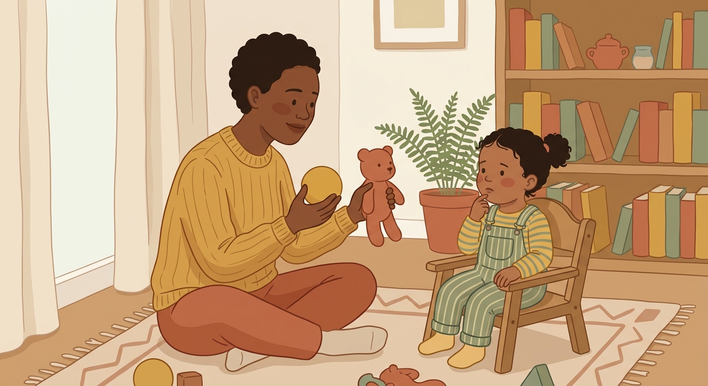 Adult patiently waiting for a toddler with autism to respond after being offered a choice